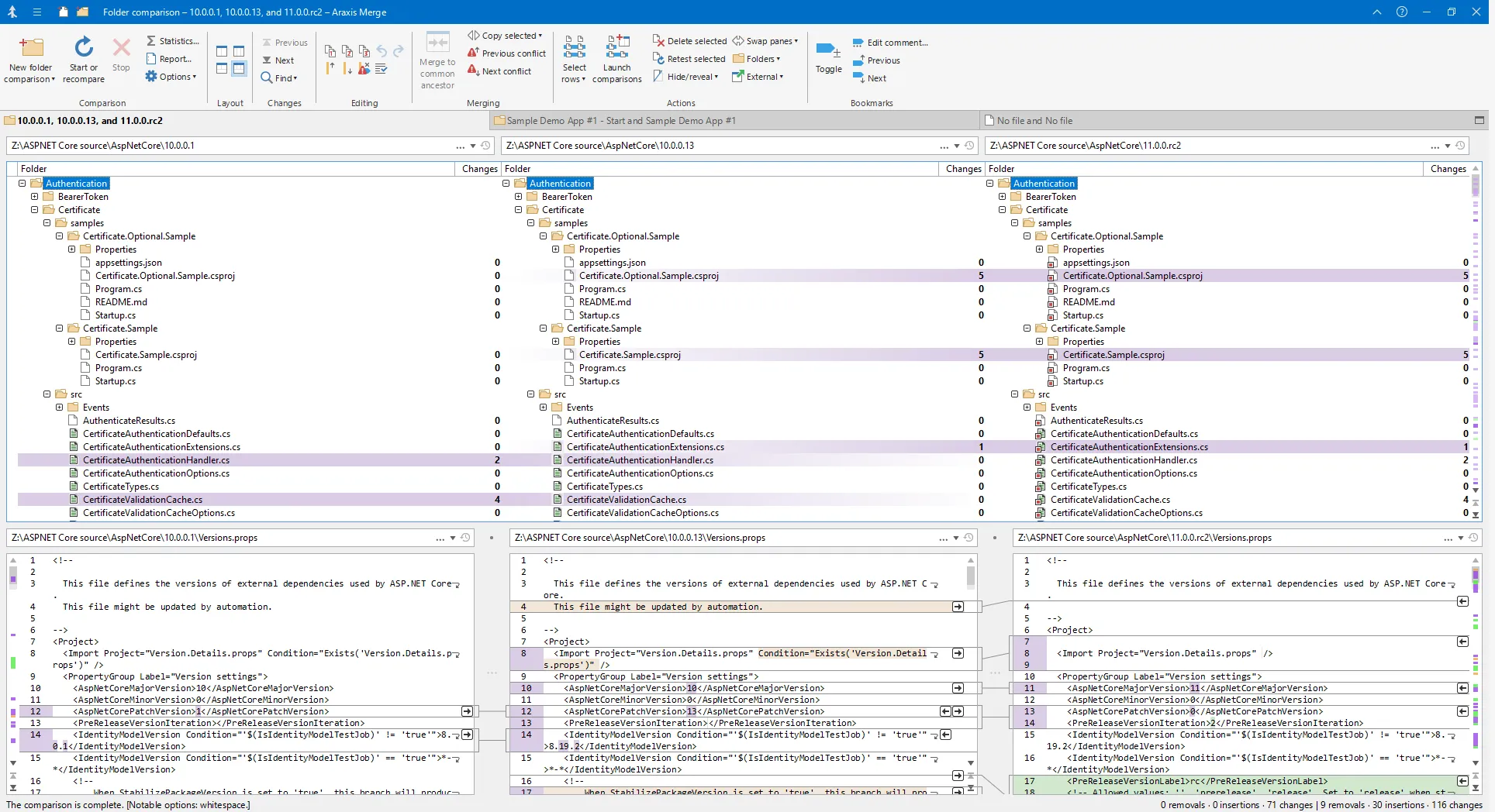 Araxis Merge comparing the ASP.NET Core source code for .NET 10.0.1, .NET 10.0.13 and .NET 11 RC2 side by side, with the changed files highlighted