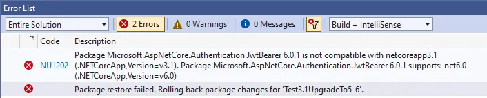 NuGet package update error when trying to install an incompatible JwtBearer version