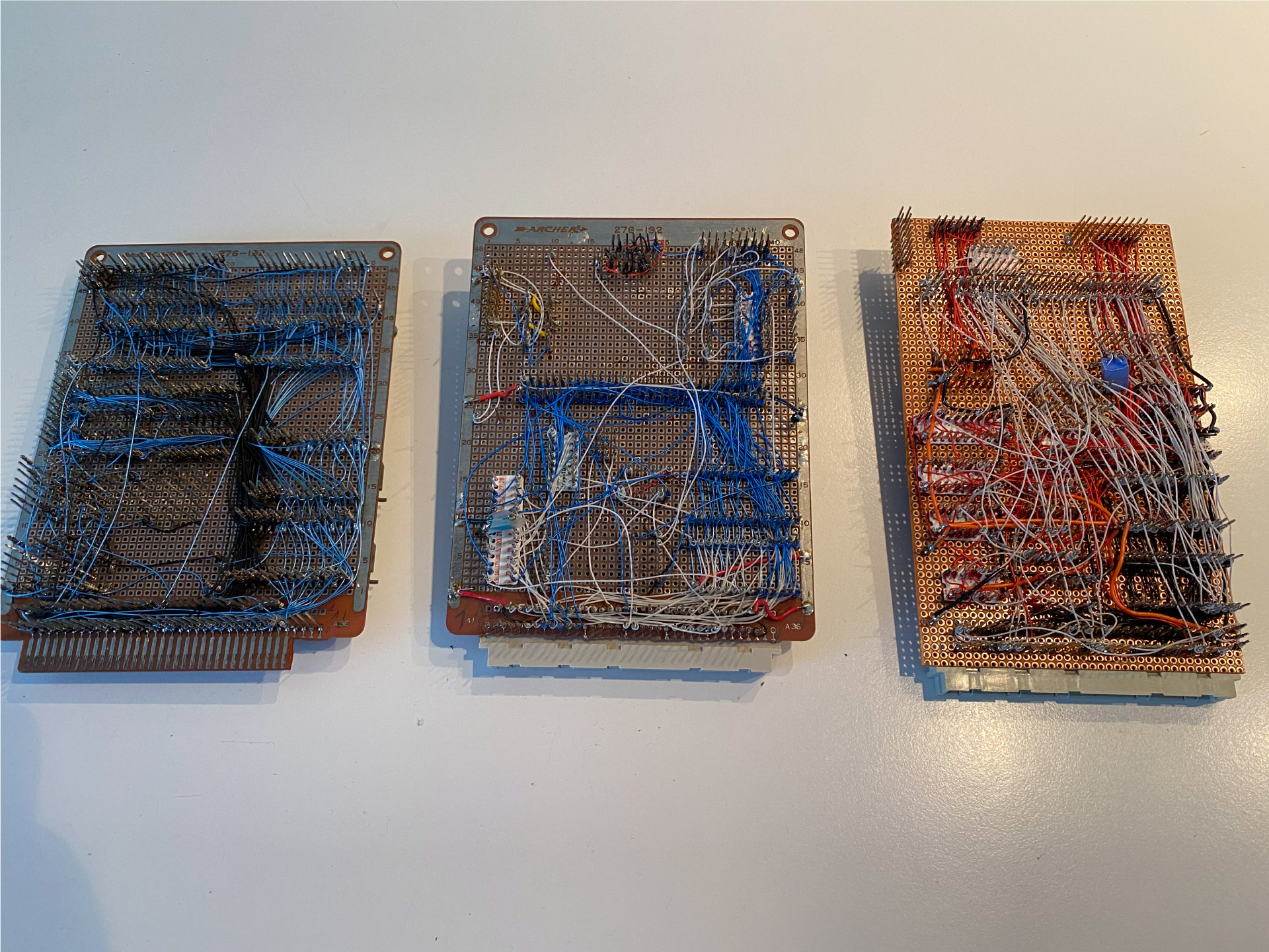 Examples of the wire wrapped backside of the prototype boards