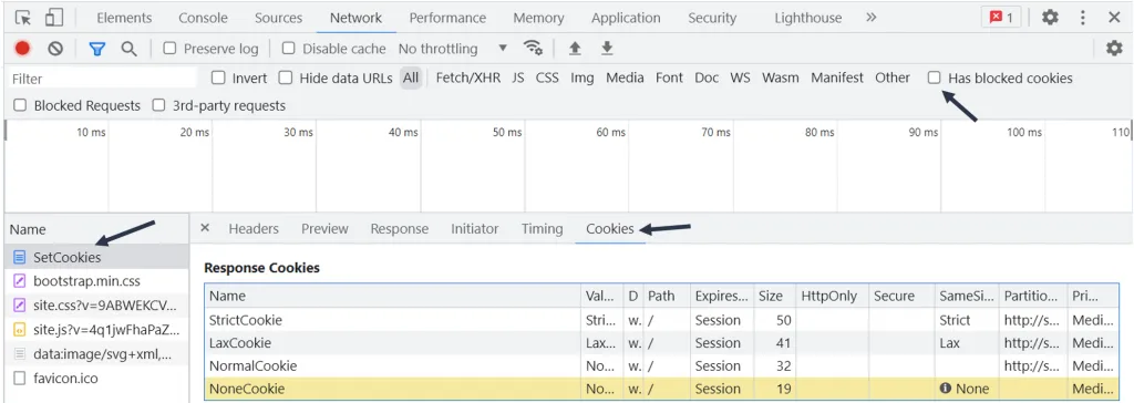 How to view the cookies for a given request in the network tab.