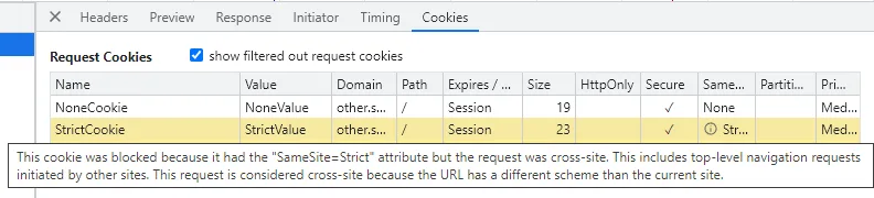 Example of how the browser blocks cookies due to the samesite attribute.