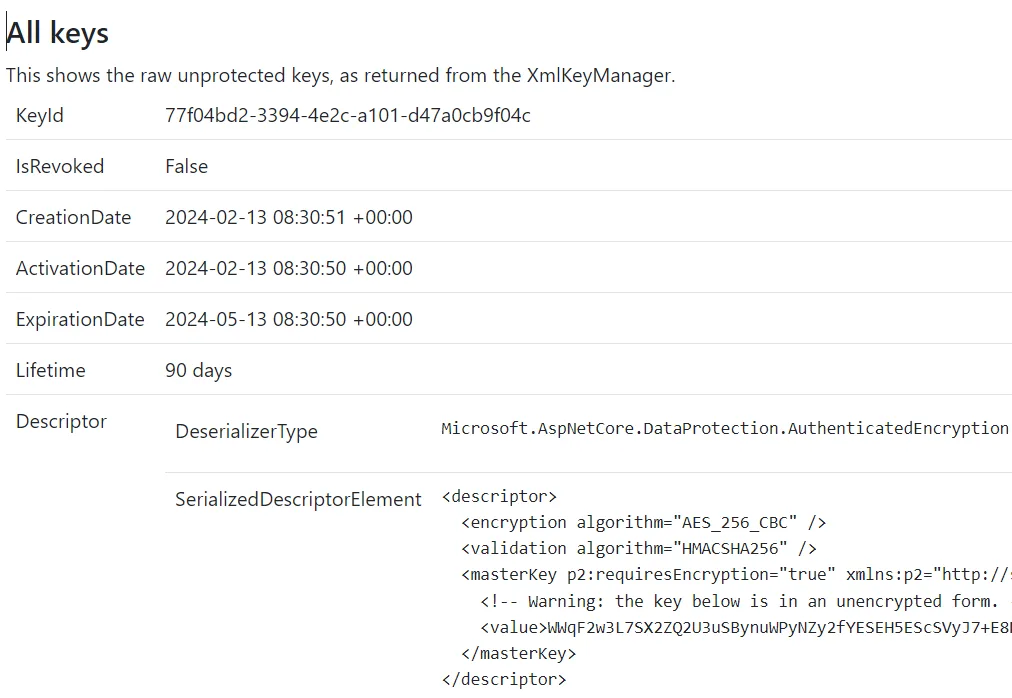 Viewing the unprotected data protection keys