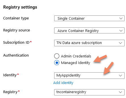 The Azure App Service Registry settings