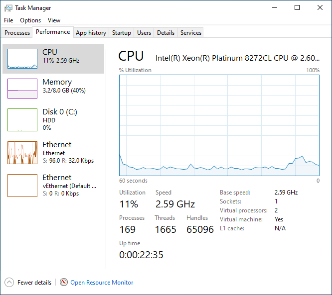 The Windows Task Manager where the virtualization option is not shown