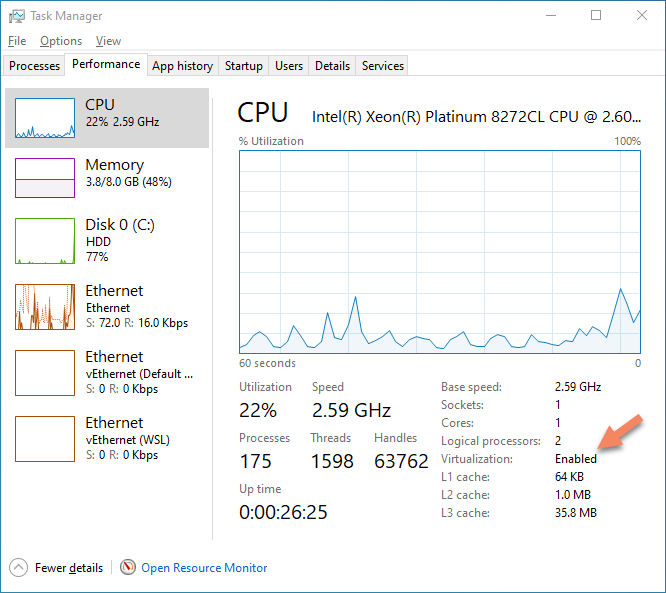 The Windows Task Manager where virtualization is enabled