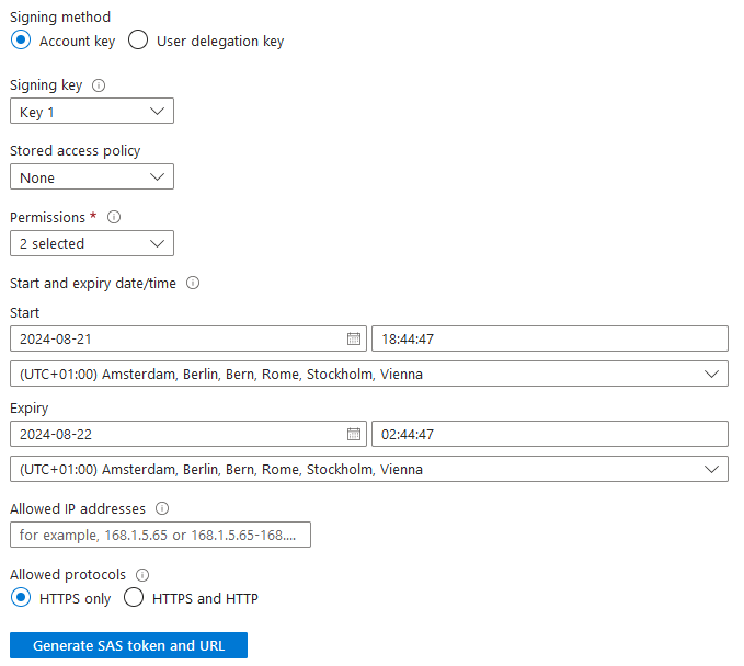 Example of how to define a SAS access token in an Azure Storage Account.