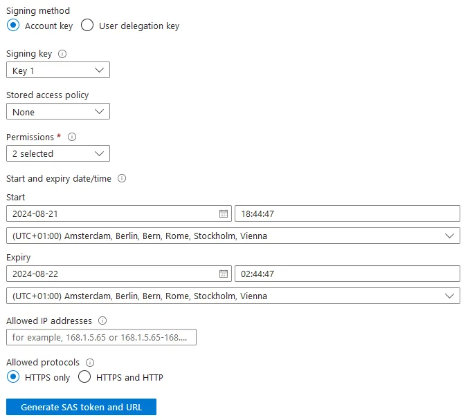 Example of how to define a SAS access token in an Azure Storage Account.