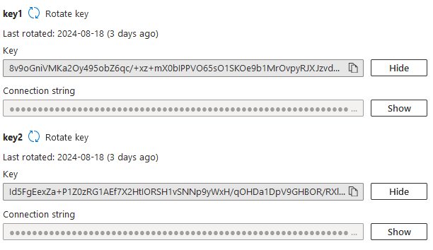 Examples of access keys and connection strings within an Azure Storage Account.