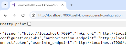 Accessing the OpenID Connect Discovery document in the browser. Located at the well-known endpoint.