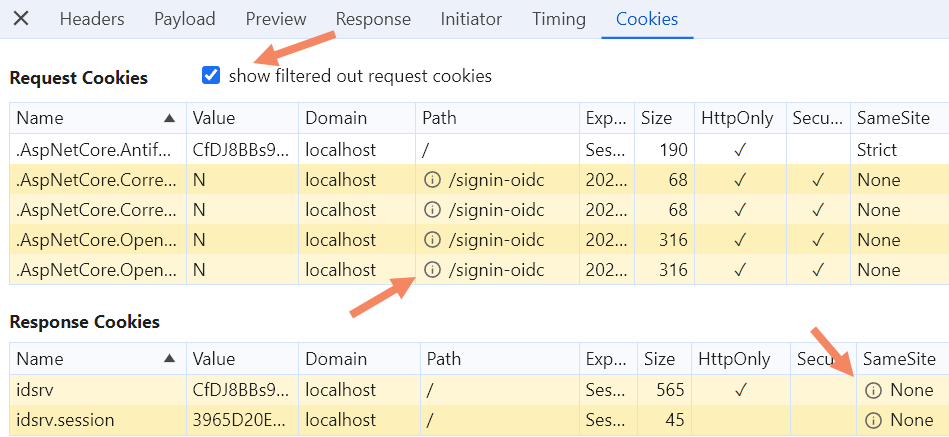 Showing all the blocked and rejected cookies, because we are using HTTP, not HTTPS