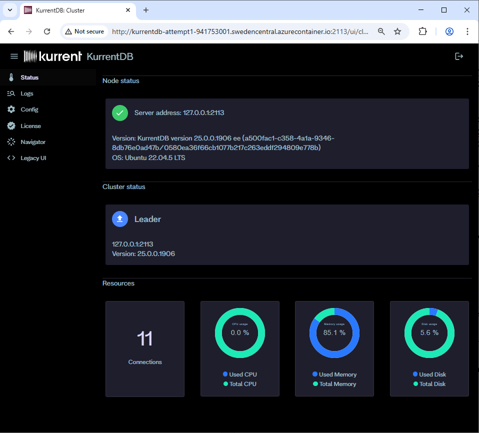 The KurrentDB built-in admin user-interface.