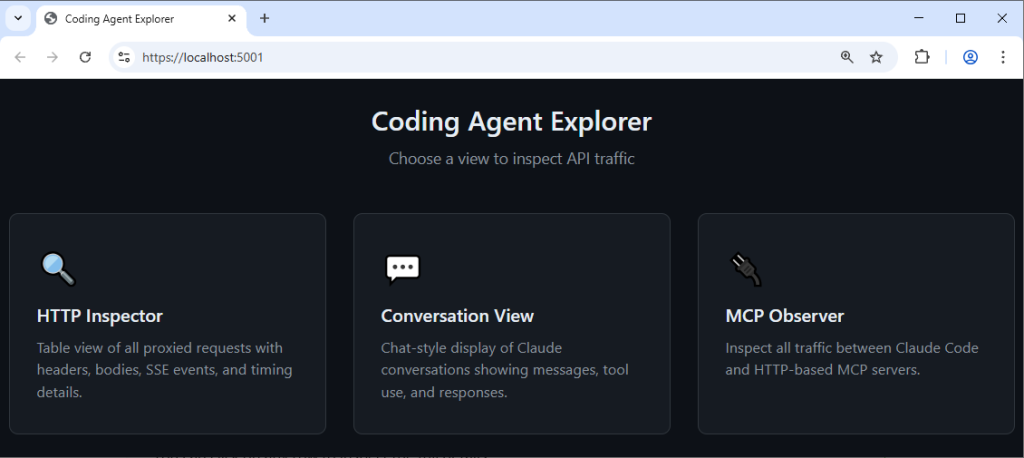 Coding Agent Explorer for Claude code Main Menu, showing the HTTP Inspector, Conversation view and the MCP Observer
