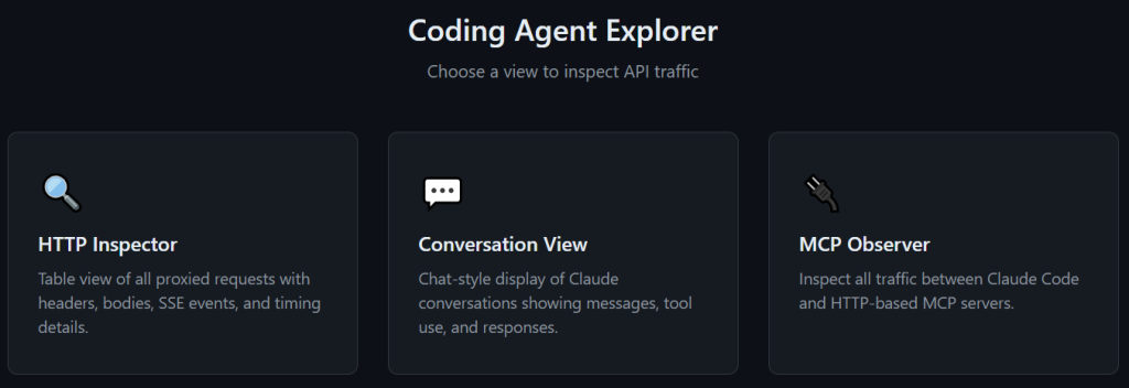 Coding Agent Explorer main menu with MCP Observer